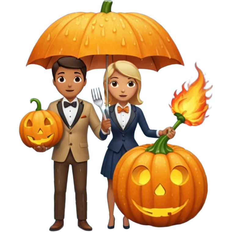 Make a guy hugging a giant pumpkin with a fork in his right hand while there's fire while there's a lady watching while it's raining while there's an umbrella on the ground that's alive and the sun has a bow tie on his neck emoji
