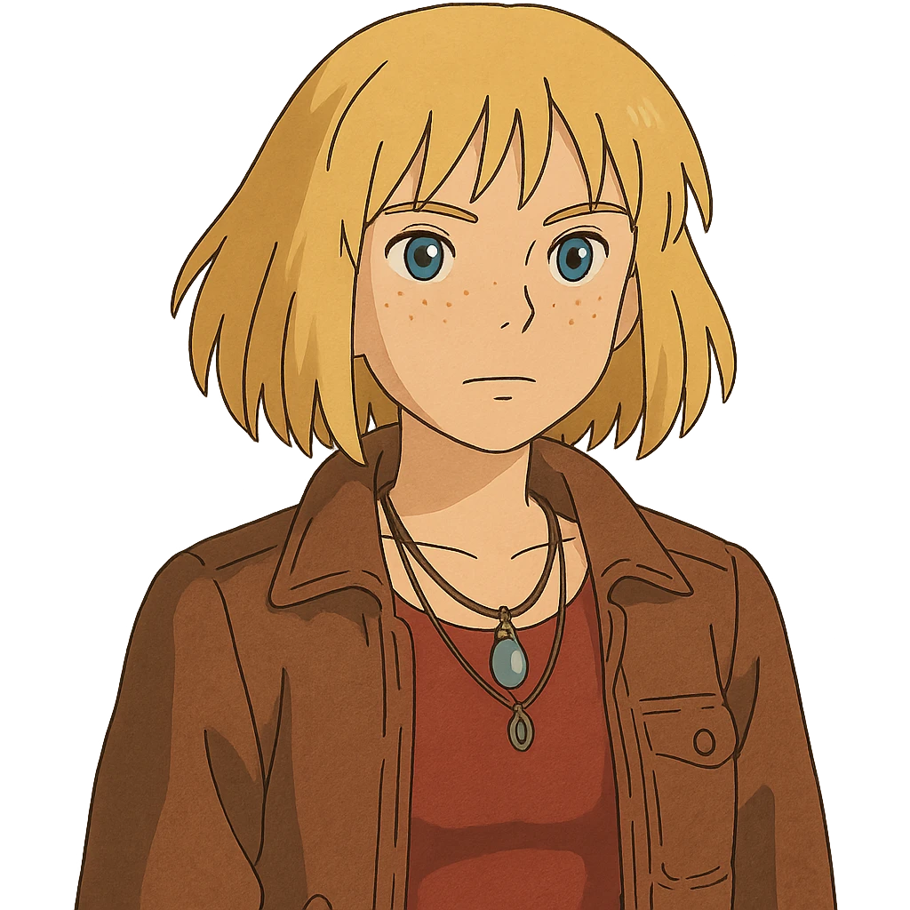 ghibli style illustration of a 14-year-old girl with choppy blonde hair, armpit length, shortest at mouth, middle part, light freckles, blue eyes, defined cupid's brow, tight dark red top, brown leather jacket, necklaces emoji