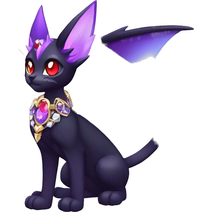 cool kawaii anime-cartoon edgy distinguished ethereal elegant beautiful fantasy black purple red ethereal fantasy nargacuga-Noivern-cat-Quiana-Fakemon collar harness moon gem jewels full body emoji