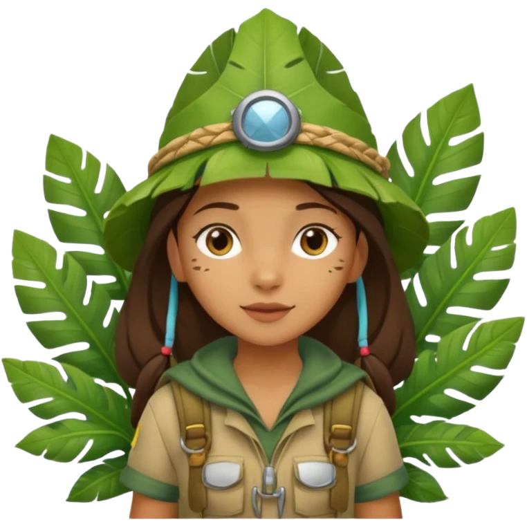 a girl explorer with jungle wearing a large leaf headgear bye  emoji