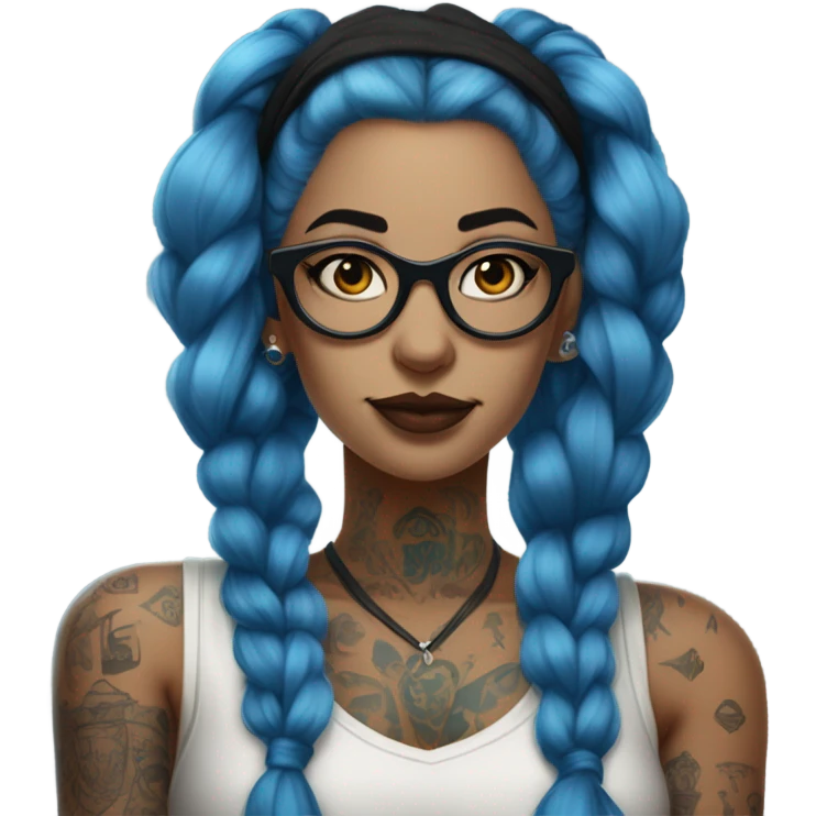 The image shows a female figure with long blue hair, tied in buns. She wears glasses and has several visible tattoos. Her outfit is a sleeveless blouse with a dark design, complemented by long gloves, reflecting a bold and modern aesthetic. emoji