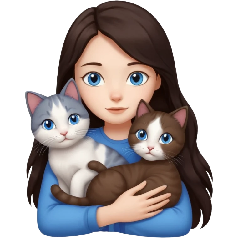 a girl with long dark 
brown hair, with blue eyes, hugs 3 different natural coloured cats emoji