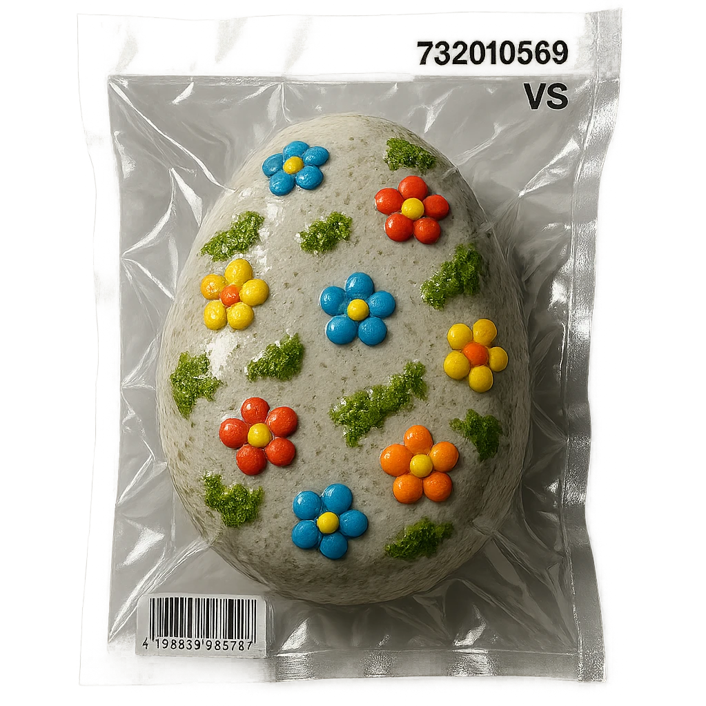 light gray stone with small colorful flowers and green moss, glossy and puffy emoji