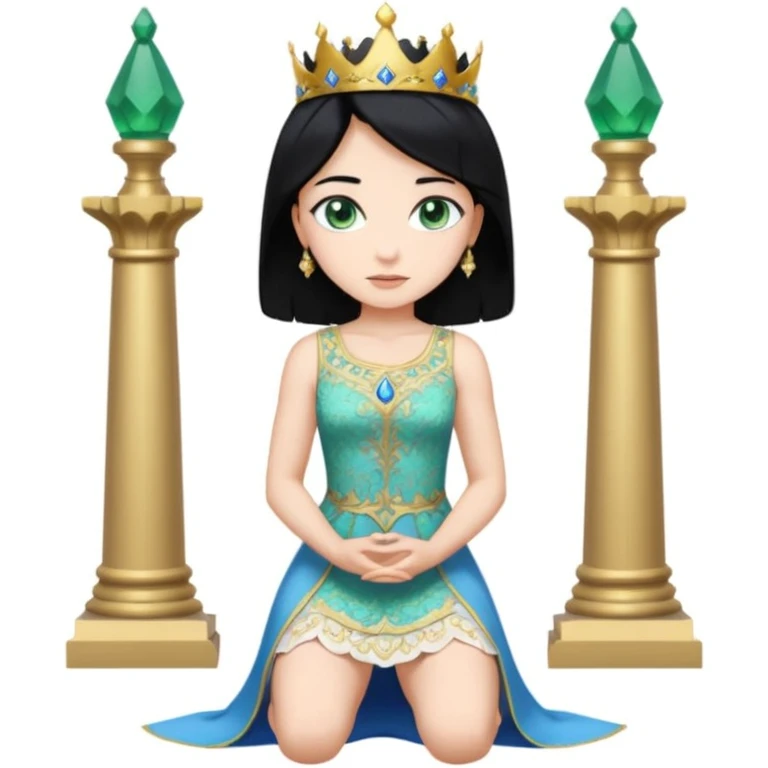 King, standing, black Hair, blue eyes, female Servoamt, blonde, green eyes, shott white sleveless Dress, kneeling, background palace emoji