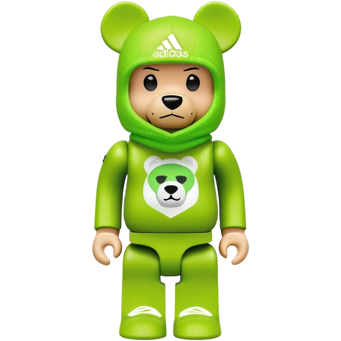 bearbrick toy with cubic design, wearing a lime green balaclava with Adidas trefoil logo, clear aggressive eyebrows, proper bear figure emoji
