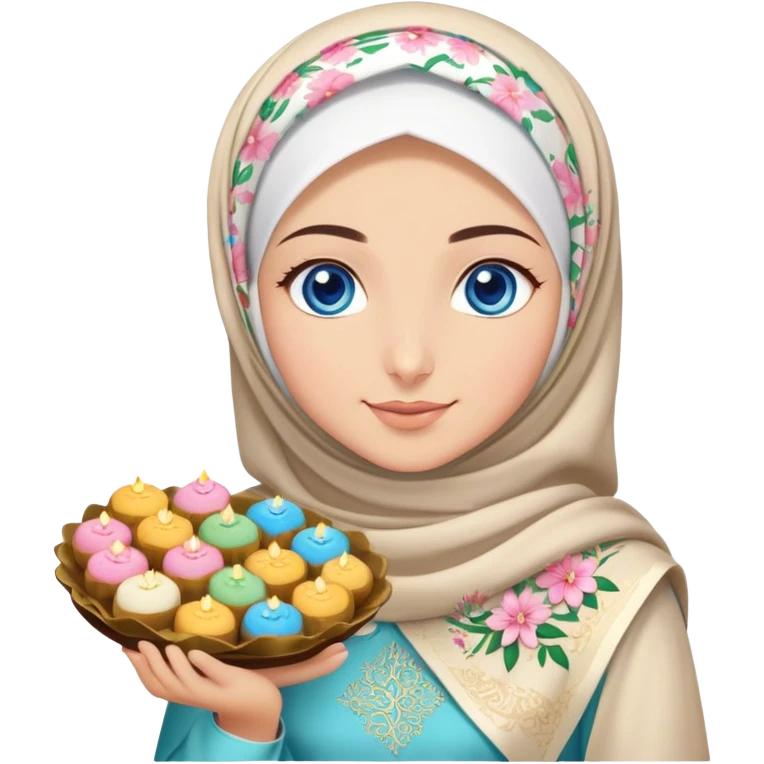 Turkish beautiful finish Konya girl blue eyes with lily floral hijab islamic dress and had on her hand text Eid Mubarak with sweets and celebrating with her friends eid days   emoji