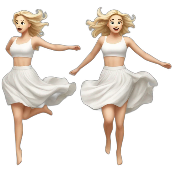 Hyperrealistic Full body Caucasian curvy beauty jumping white skirt back and front views strong wind emoji