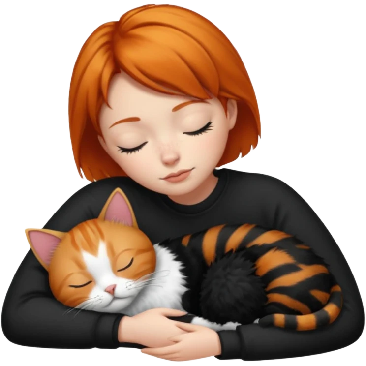 short hair Ginger Girl sleeping with a black and a white bigger cat  emoji