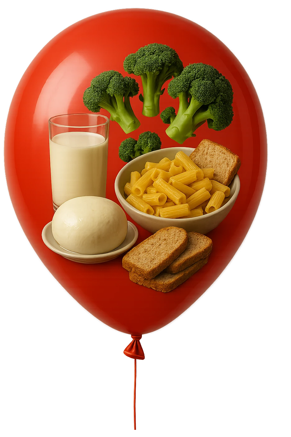 PALLONCINO ROSSO CON DENTRO UNA MOZZARELLA, UN BICCHIERE DI LATTE, UNA BOWL DI PASTA, QUALCHE BROCCOLO, QUALCHE FETTINA DI PANE emoji