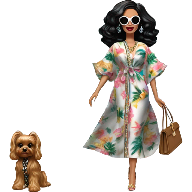 Palm Beach Breeze Barbie, teen Wednesday Addams ,walking by the pool, white skin, full body visible, wavy hair,handbag, aloof,eyeshadow,earrings,open flowing floral caftan,small 2 piece, sunglasses on top,heels,holding yorkie Miss Thang emoji