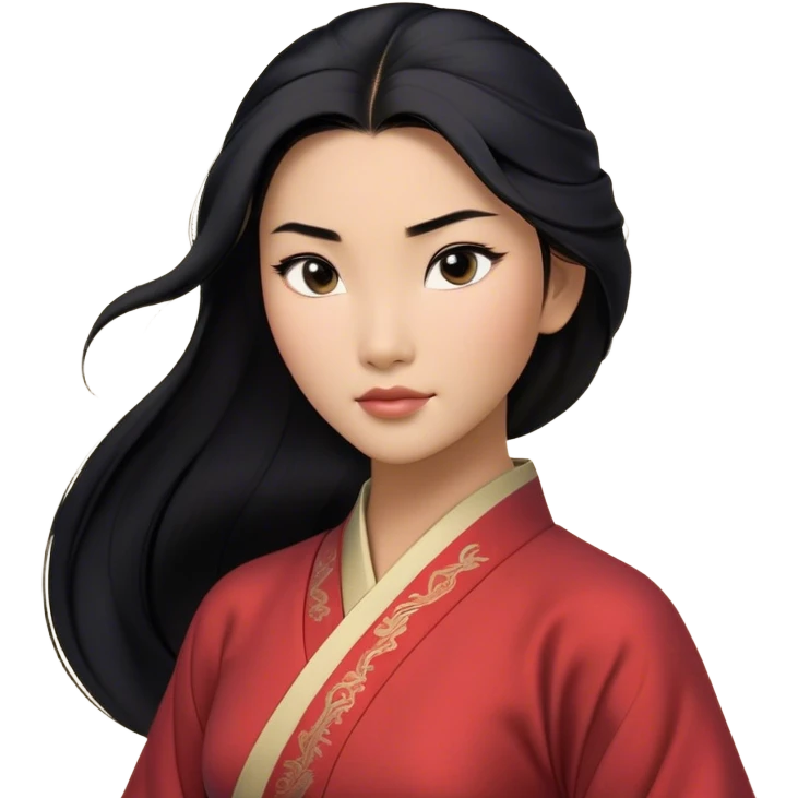 Cinematic Realistic Mulan Portrait, depicted with lifelike skin texture, soft natural lighting, and intricately detailed long black hair styled elegantly. Her deep, expressive eyes exude determination and grace, complemented by a serene yet confident expression. She is dressed in her classic attire, with rich fabric textures and delicate folds that catch the light beautifully. The portrait features a soft, enchanting glow with a natural, radiant finish, capturing the essence of timeless strength and beauty in a realistic and painterly style, evoking a sense of depth and authenticity. emoji