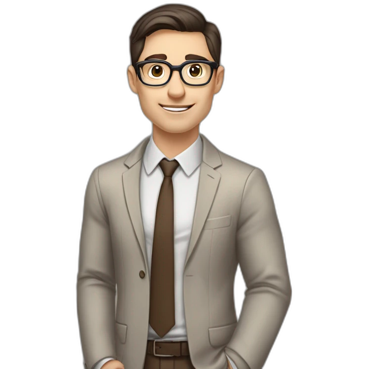 Pale skinned fit man with dark brown hair in gray jacket, beige office shirt, brown tie, brown pants and vintage glasses Writing text on the flipchart emoji