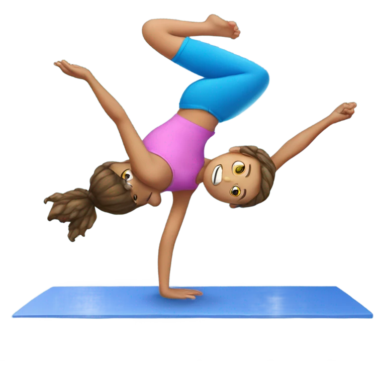 7 year old girl fair skin doing handstand against blue wall  emoji