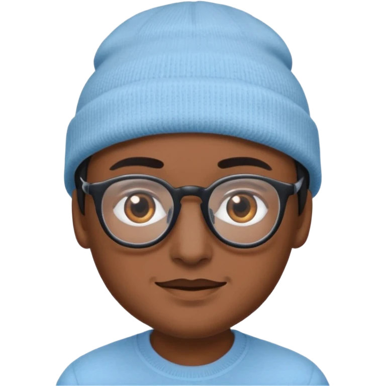 A person emoji with medium-dark skin, wearing a light blue beanie and black-framed glasses, with brown eyes, dark eyebrows, a small nose, and a subtle smile on a clean-shaven face. emoji