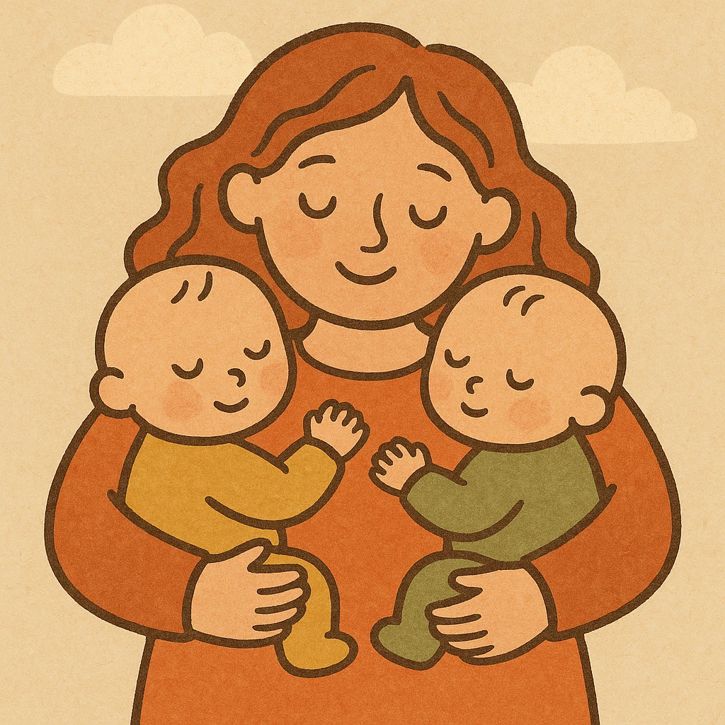 mother in a drawn style with soft lines and cartoonish but detailed faces, warm palette, hugging two babies, one on each arm, non-realistic style with soft shadows and highlights, atmosphere of care and tenderness emoji