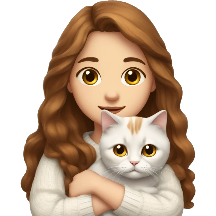 a girl with long brown hair, in a white sweater, hugs a Scottish fold cat. emoji