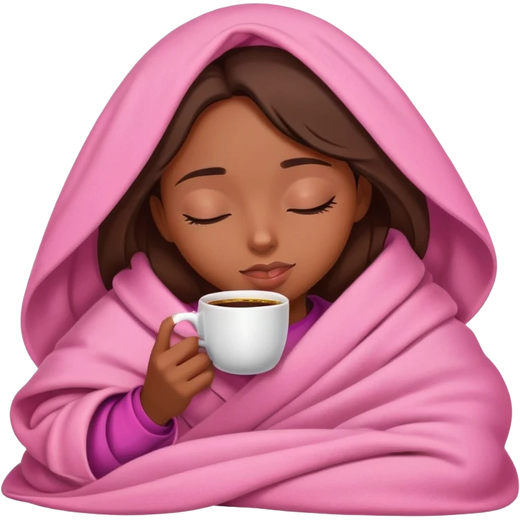 Brown skin girl inside a pink blanket sipping coffee eyes closed emoji