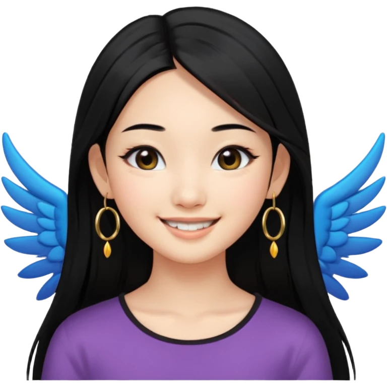 A Asian girl with fare skin and hoop earrings, long straight black hair with black eyes, smiling with a open wings eyeliner emoji