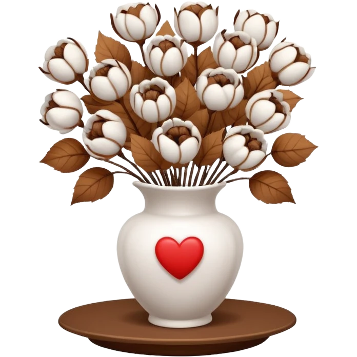 a bouquet of cotton flowers with brown dried petals, in a white ribbed vase on a white tray. next to it is a figurine in the form of a white heart emoji