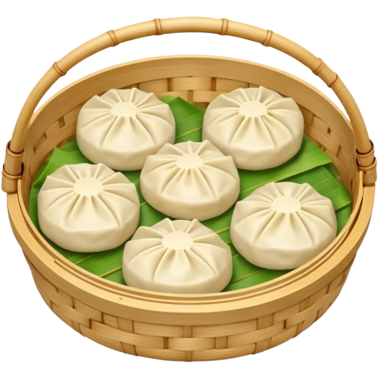 ["Four steamed dumplings in a bamboo steamer basket."] emoji