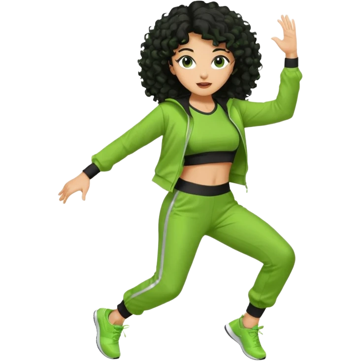 a woman with olive skin tone and curly black hair wearing green and dancing. full body, disco pose. running outfit emoji
