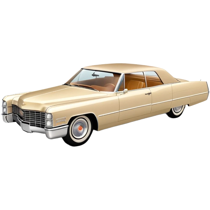Streamlined beige 1966 Cadillac DeVille, minimal design language, 30-degree view showing simplified front and side, Once Upon a Hollywood reference, iOS emoji style emoji