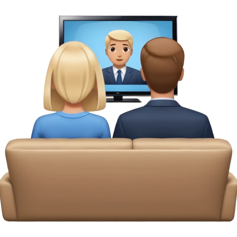 A man and a women photographed from behind, sitting on a sofa and watching the news on TV on a modern flat screen. The setting is a living room. emoji