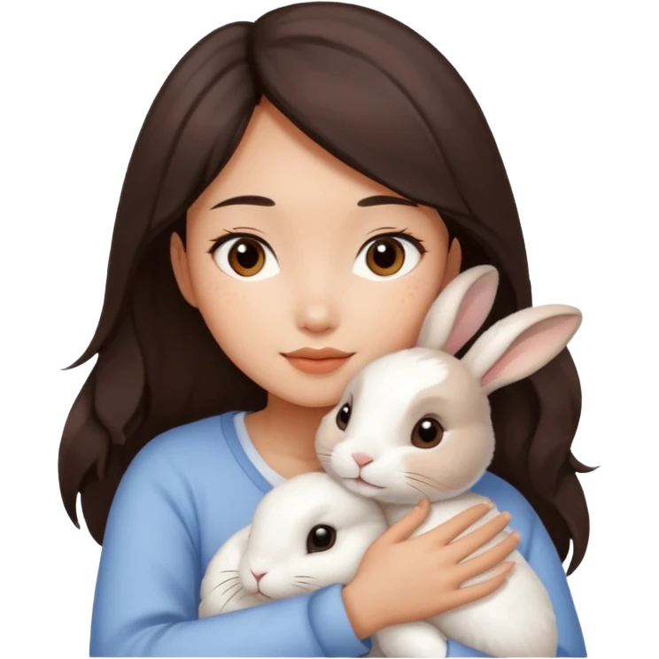 A young Asian woman with dark brown, almost Asian girl with dark brown hair, brown eyes, light Asian skin, hugging a white rabbit with light brown spots, soft and warm atmosphere.
  emoji