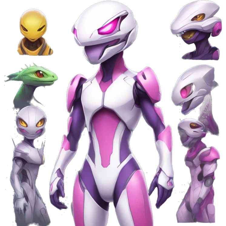 White body, Anthro-Sona-Lizard-Alien-Genesect-Mewtwo-Fakémon, with pink eyes, with a futuristic visor-helmet, wearing a techwear-suit, Full Body emoji
