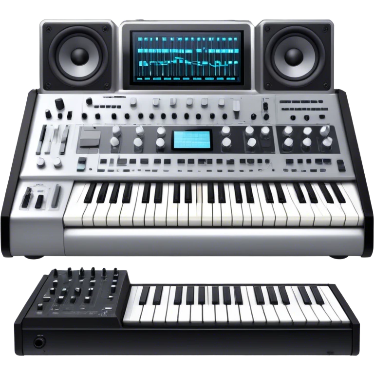 Create a professional and detailed emoji that represents sound design equipment. The design should feature a high-end Korg synthesizer, a sound mixing console, and a control panel with audio cables connecting to large studio speakers. Surround the equipment with sound waves made of musical notes to symbolize the creative process of shaping sound. Use sleek colors like silver, black, and neon accents to highlight the high-tech nature of the equipment. The background should be transparent. emoji