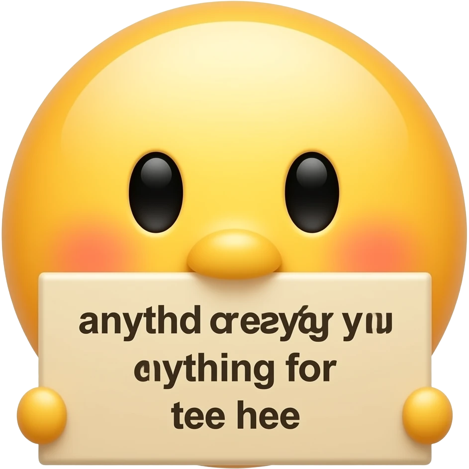 Yellow smiley blushing embarrassed holding up a sign sign that says "anything for you tee hee" emoji