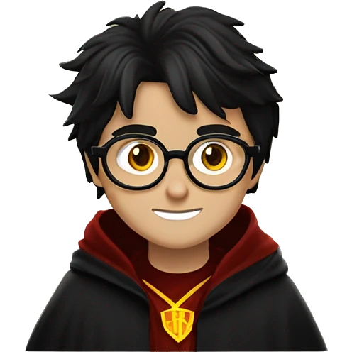 Create an emoji of a young wizard Harry Potter with round glasses, messy black hair, and a lightning-shaped scar on his forehead. He should have bright green eyes and be wearing a black robe with a red and gold Gryffindor scarf emoji