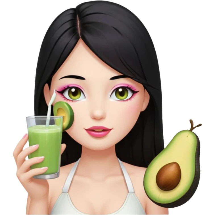 Long black hair with no bangs, straight hair, pretty face. Wearing white halter top. Pink blushed cheeks, long lashes, pin glossy lips. One eyes with wink. One hand with avocado juice.d emoji