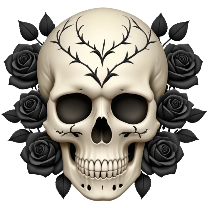 Skull with black roses surrounding it emoji