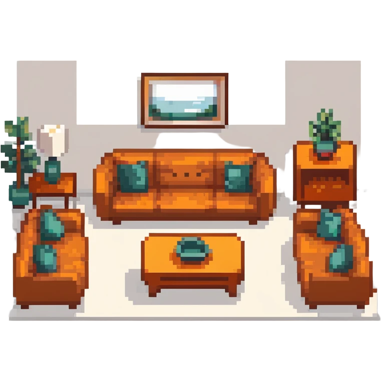 escenary 3d of a cozy mid-century living room with two people working on laptops, one man standing at a desk, and one woman sitting on a couch emoji