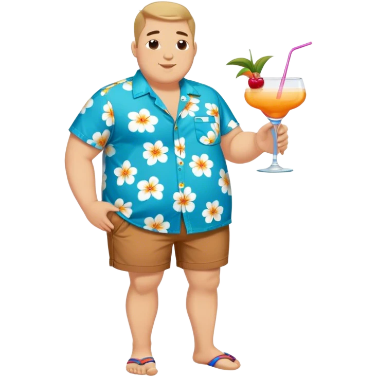 chubby guy full figure in a flowered azure havai shirt, brown shorts and flippers holding a cocktail emoji