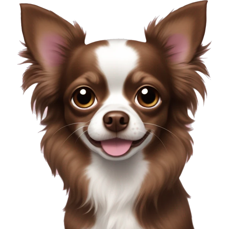 dark brown longhaired chihuahua with a small white dot n forehead and brown nose with a pink spot on the left emoji
