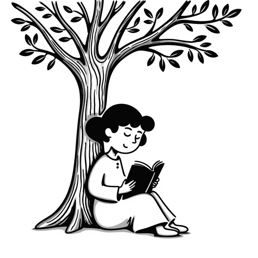 a girl under a tree reading a book, hand drawn doodle style emoji