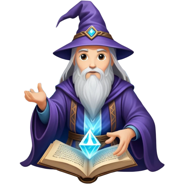 An icon representing an adventure game, inspired by mystical fantasy. The design features a wise and powerful wizard floating above an ancient spellbook, arcane runes glowing beneath him. The swirling cosmic background hints at deep magical knowledge, adventure, and untold power. Transparent background. emoji