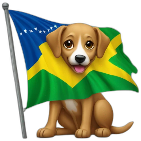 a caramel street dog holding a brazilian flag emoji
