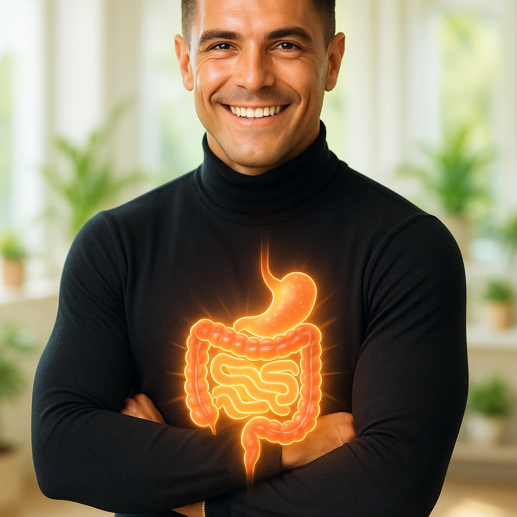 Create a semi-realistic, wellness-themed image of a fit 30-year-old man inspired by the reference image. Show a glowing stylized healthy intestine with a vibrant and clean gut. The man is smiling and radiating health. The background is a bright minimalistic health clinic or natural setting with soft natural lighting, conveying wellness and vitality atmosphere. emoji
