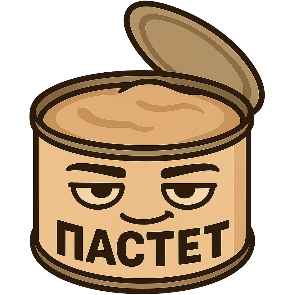 Chibi open pâté can character, masculine confident look, relaxed smug smile, heavy eyelids, strong outline, simple emoji style, neutral warm colors, minimal design, Twitch emote optimized, Cyrillic text "ПАСТЕТ" bold and clear emoji