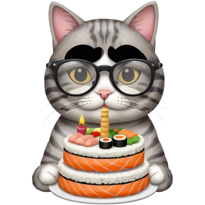 cat with cool glasses eating a birthday cake made out of sushi emoji