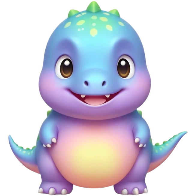 Cinematic tiny pastel dinosaur, chubby round body, tiny feet, big sparkling eyes, soft glowing colors, happy and friendly expression, radiating warmth. emoji