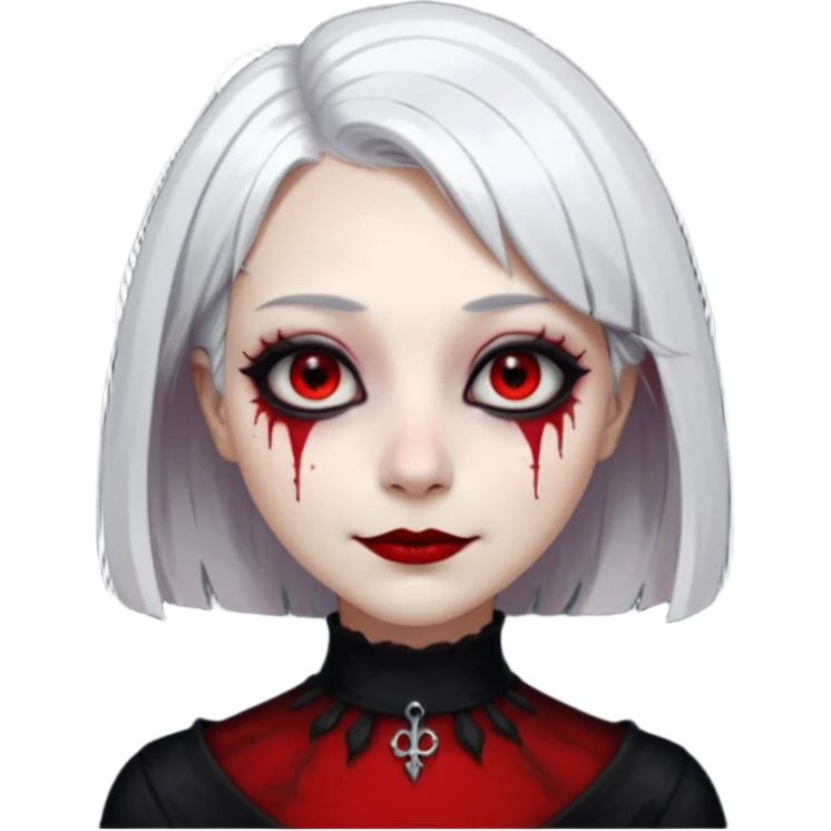 female, unnatural eye color with veiny eyes, sickly skin texture combined with an unnatural creepy smile, liminal setting that feels wrong, uncanny eerie art style, scary femme fatale, bob cut, mole under eye, white hair, red iris, black mascara, black eyeshadow, Gothic white skin, emoji
