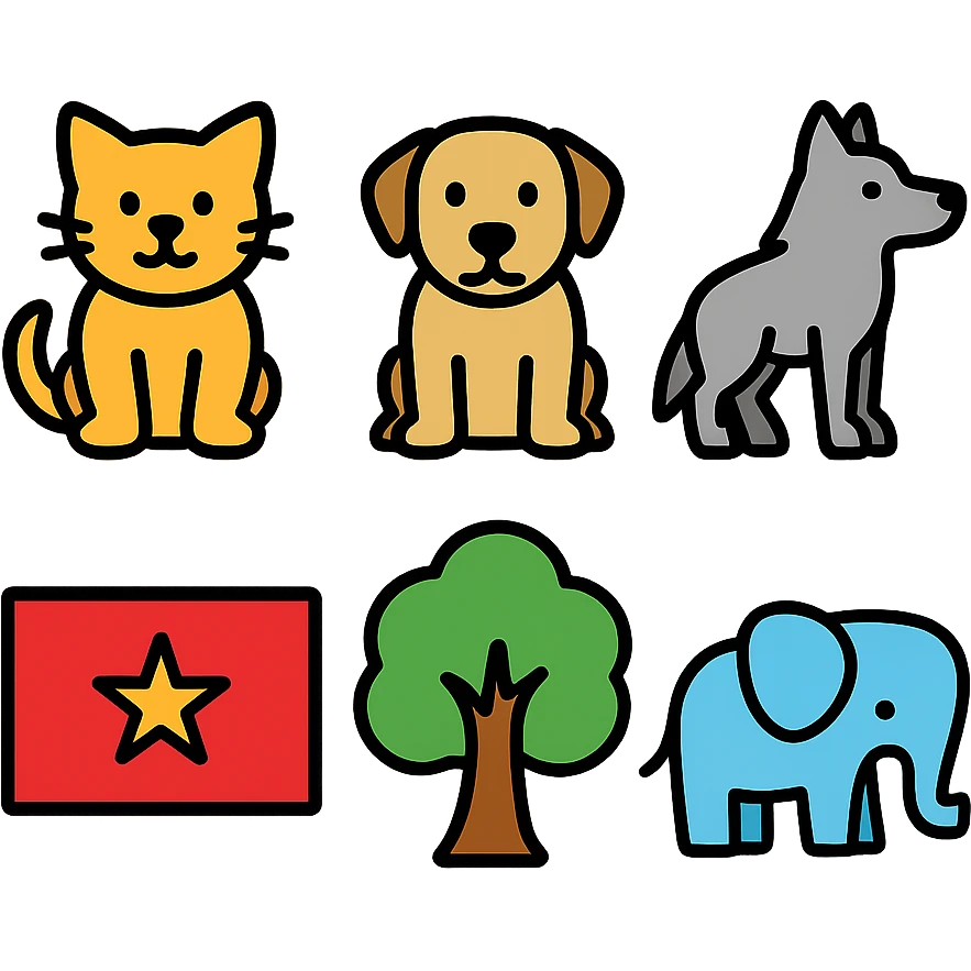 cat, dog, wolf, Vietnam flag, tree, elephant, and a glass all together in lineal color icon with black outlines style emoji