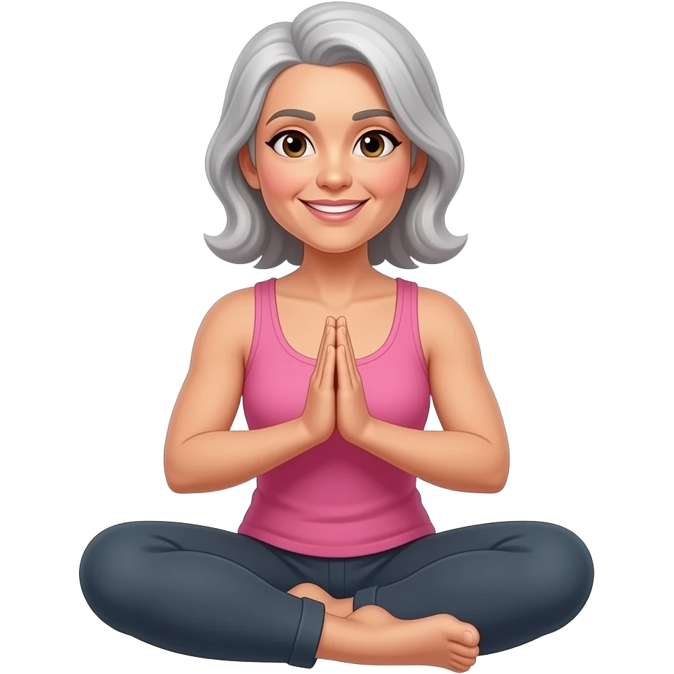 woman, brown eyes, elongated face shape, salt and pepper hair, shoulder lenght, splited from left side, mole below lip on left side, around 45 years, friendly smile,  sitting in lotus yoga position, palms joined in front of chest, wearing pink blouse with straps, arms are a bit muscular, emoji