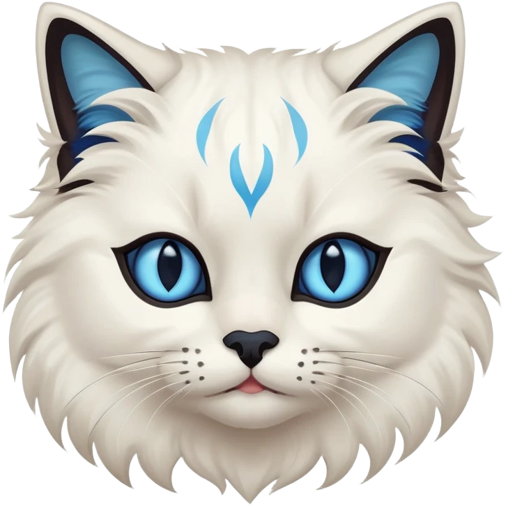 A beautiful white Neva Masquerade cat with blue eyes, dark markings on the face (like a mask), ears, and tail. Fluffy fur, cute expression, stylized as an emoji. Minimal details, flat design, vibrant colors. emoji