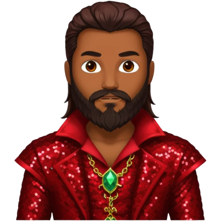 Samael, Poison of God from Gods and Goddesses with tan skin, long dark brown and beard, dark red sequin outfit emoji