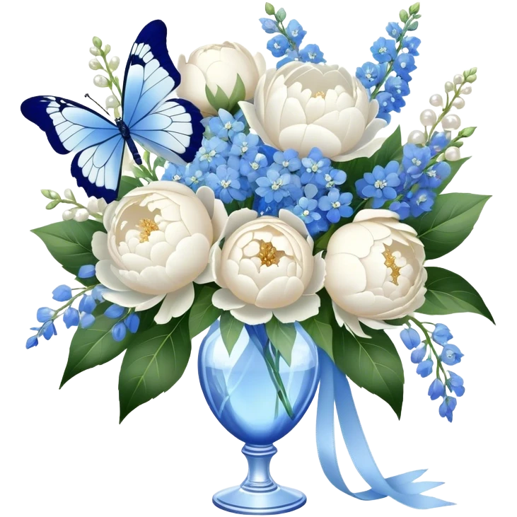 A crystal vase filled with a lush bouquet of white peonies and pale blue delphiniums sits atop a lace-covered table. A sheer ivory ribbon cascades down the side, intertwining with pearl beads, while a delicate blue butterfly flutters just above the petals emoji